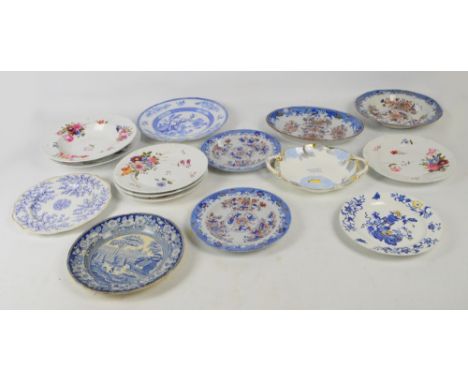 A collection of various plates and shallow dishes including a set of four Chamberlain Worcester florally decorated dessert pl