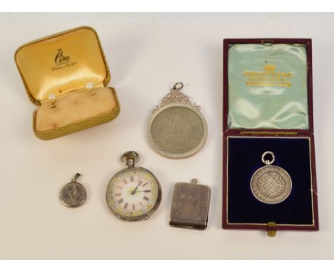 A mixed lot including silver items; an Edward VII hallmarked silver double stamp case with gilt interior and suspension ring,