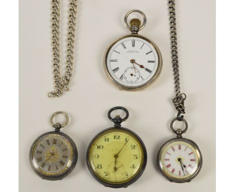 A hallmarked silver open face pocket watch with white enamel dial set with Roman numerals (af), a further pocket watch, two f