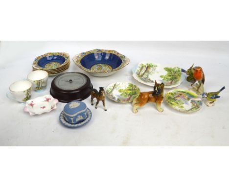 A mixed lot of ceramics comprising a pair of Shelley "Woodland" tea cups and saucers and a sandwich plate, "Bridal Rose" pin 