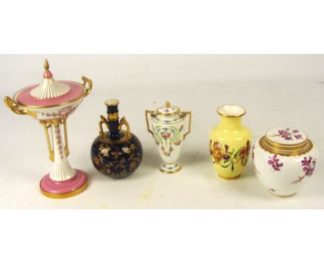 A group of early 20th century and later Minton comprising a gilt transfer decorated twin handled bottle vase on blue ground, 
