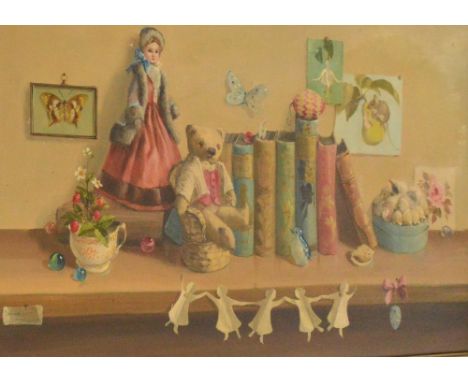 DEBORAH JONES (1921-2012); oil on canvas, study of a teddy bear beside books and a doll on a shelf, signed, 45.5 x 76.5cm, fr