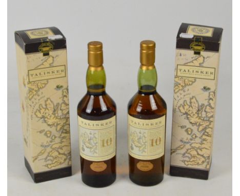 Two bottles of 10 year Single Malt Talisker Scotch Whisky, boxed. CONDITION REPORT: Labels and seals intact, labels with slig