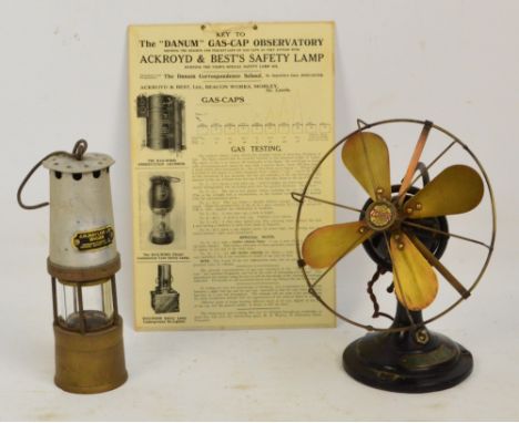 A vintage "The Zephyr Fan", produced by The Metallic Seamless Tube Co Ltd, a safety lamp and a key to the Danum Gas Cap Obser