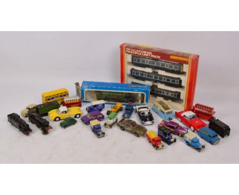 A collection of playworn toys to include a Hornby model of the Flying Scotsman (in Airfix box), other OO gauge examples, seve