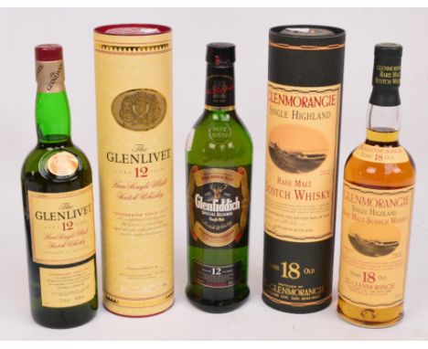 A boxed single bottle of 12 year old Glenlivet Single Malt Scotch Whisky, a boxed single bottle of Glenmorangie Scotch Whisky