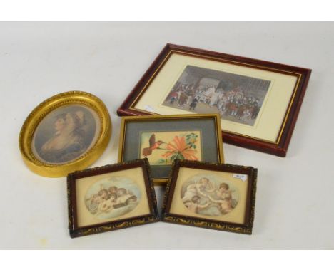 A Cash's silk picture of Lady Godiva, 15 x 19cm, and a smaller example of a hummingbird and flower, 7 x 11cm, two oval prints