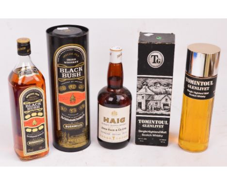 A single bottle of Haig Scotch Whisky, a boxed bottle of Tomintoul Glenlivet Single Malt Scotch Whisky and a boxed bottle of 