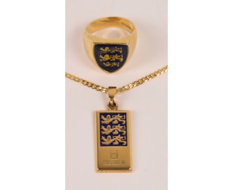 A 9ct yellow gold and enamel Three Lions ingot, suspended on gold flat link chain necklace with certificate of authenticity, 