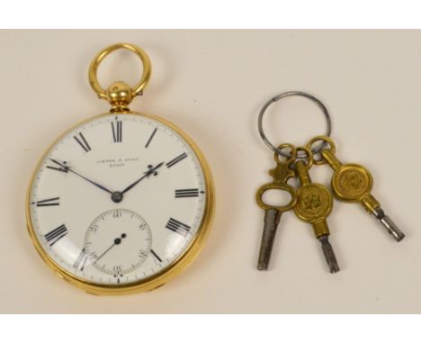 LISTER & SONS; an early 20th century 18ct gold cased open faced key wind pocket watch, the white enamel dial set with Roman n