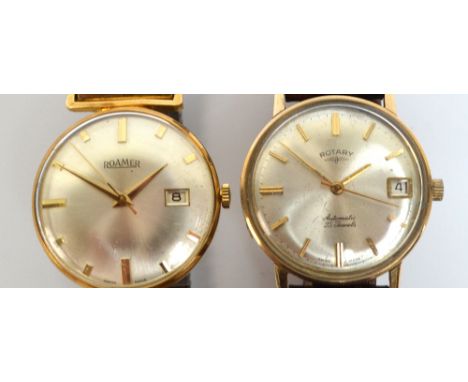 ROTARY; a gentleman's vintage 9ct gold wristwatch with circular dial set with gold batons, date aperture and inscribed "Autom