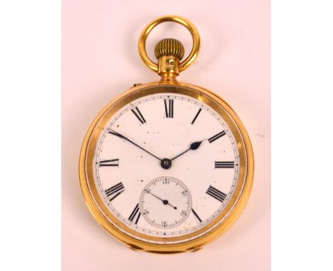 An 18ct gold crown wind open face pocket watch with white enamel dial set with Roman numerals and subsidiary seconds hand, th