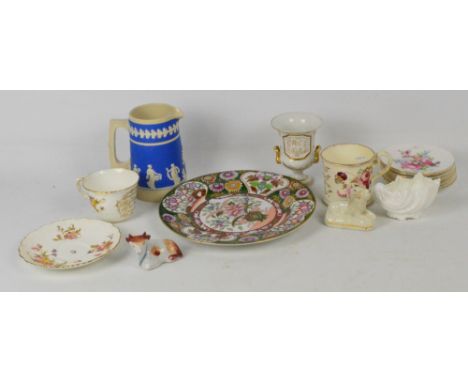A mixed lot of ceramics comprising a Coalport gold and white twin handled urn vase inscribed "Mr Mallock 1813", a Staffordshi
