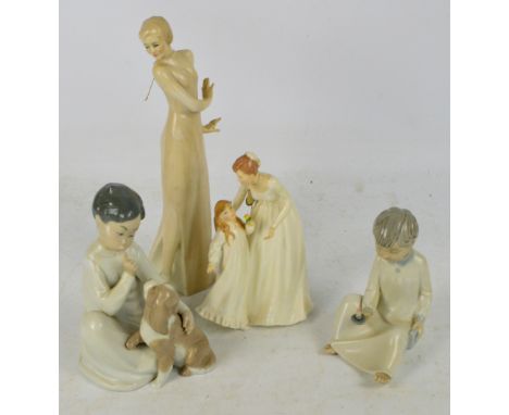 Two Royal Doulton figures; HN3355 "Just For You", and HN3078 "Dancing Delight", a Lladro figure; 4522 "Shh Quiet, Boy With Do