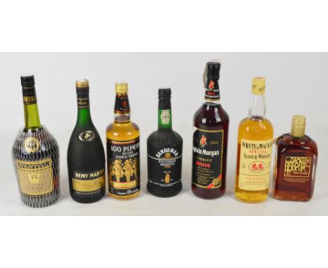 A single bottle of Remy Martin Cognac, a bottle of 100 Pipers Deluxe Scotch Whisky, a bottle of Sandeman Port, a bottle of Ca