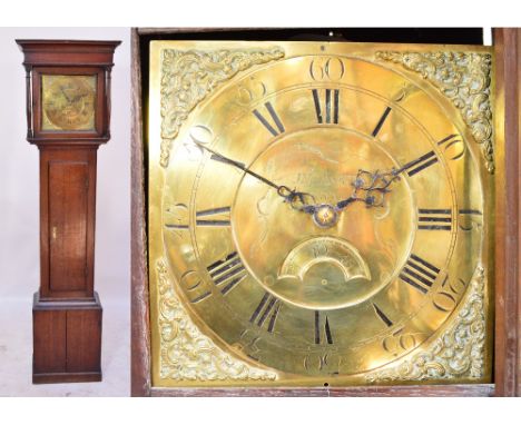 An 18th century oak thirty hour longcase clock of small proportions, the 11" brass dial inscribed "Jon Ashton, Leek", with da