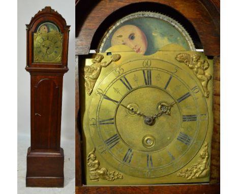 A George III oak longcase clock, the dial inscribed "Abraham Jacques" with eight day movement, the arched hood with brass dia