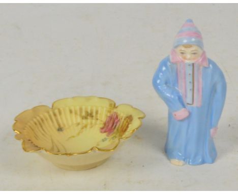 A modern Royal Worcester candle snuffer "Toddie", and a Royal Worcester petal shaped blush ivory pin dish (2).