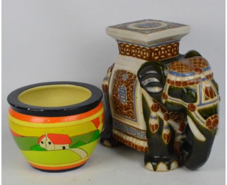 A Clarice Cliff style hand painted jardinière, diameter 26cm, and a ceramic elephant garden seat in Chinese manner, height 37