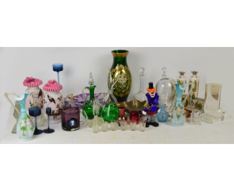 An interesting mixed collection of glass including a pair of Victorian Decalcomania vases, a pair of Victorian pink rimmed va