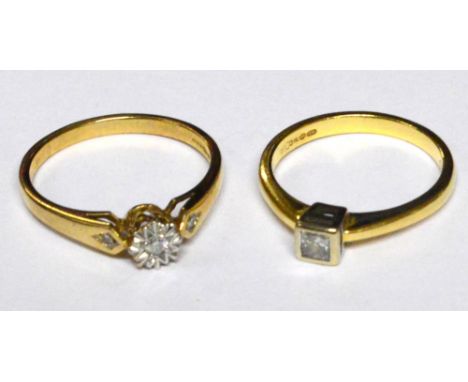 A 9ct yellow gold diamond solitaire ring in pierced raised illusion setting, size K/L and a 9ct yellow gold diamond ring set 