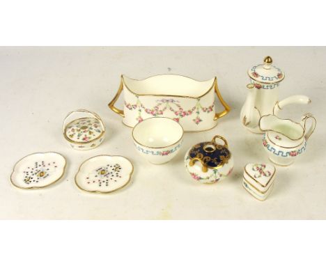 A Minton three piece porcelain hot chocolate service, height of pot 15cm, a violets vase and a pair of pin dishes with cart s