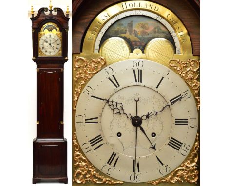 GILLOWS; a rare mahogany longcase clock, the hood with broken swan neck pediment above arched dial set with rolling moon, sil