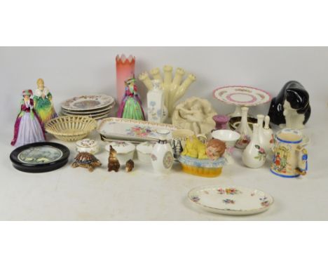 A quantity of decorative ceramics including a Parian wall pocket, a Wedgwood Williamsburg posy holder, a Wedgwood lattice war