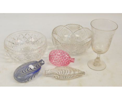 Three Nailsea type flasks, two cut glass bowls, and a glass celery jar (6).