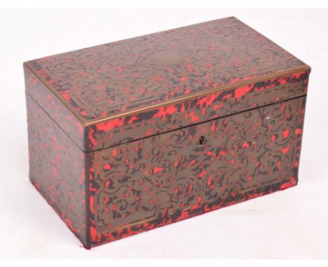 A 19th century boullework two division tea caddy of rectangular form with slightly domed hinged lid, and boullework decorated