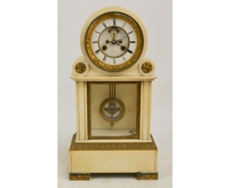 A late 19th century French eight day white marble mantel clock, the drum type case with white enamel chapter ring set with Ro