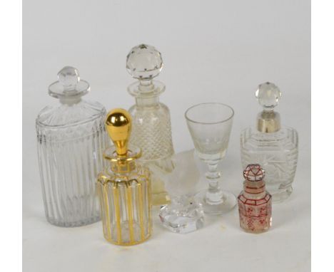 A collection of glass items including an early 19th century glass scent bottle with faceted stopper and hallmarked silver col