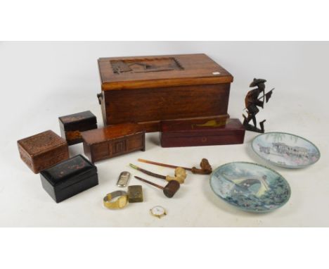 A group of various wooden boxes to include a large oak casket with carved lid, 29 x 46 x 20cm, a Japanese lacquered jewellery