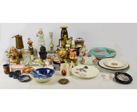 A quantity of decorative ceramics and collector's items including a pair of majolica plates, a brass miner's lamp, a boxed Ro