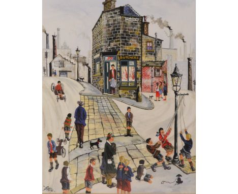 TORTICE; gouache, street scene with children playing outside a butcher's shop, signed, 46 x 34cm, framed and glazed. (D) COND