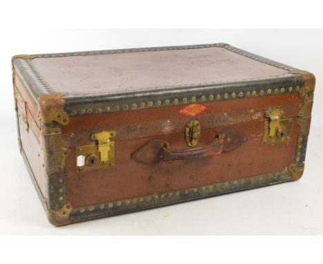 A Pioneer metal bound travelling trunk with leather handle, 70 x 50 x 30cm.