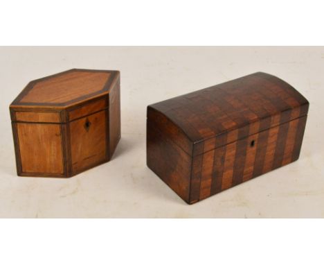 A late George III mahogany, crossbanded and boxwood strung hexagonal tea caddy, width 17.5cm, and a slightly dome topped rose