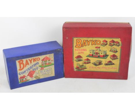 A Bayko Number 1 Outfit Building Sets box containing a further boxed Bako Converting Set 1X, a tin of rods, etc, also a Bako 