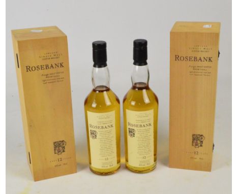 Two cased bottles of Rosebank Single Malt Scotch Whisky, aged 12 years. CONDITION REPORT: Very small dirt print one one label