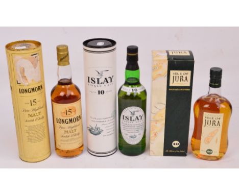 A boxed single bottle of 10 year Islay Single Malt Whisky, a boxed single bottle of 15 year Longmorn Highland Malt Scotch Whi
