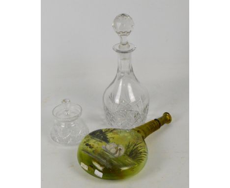 A 19th century Mary Gregory style painted flask of green glass decorated with a swan, a decanter with star cut base and a lid