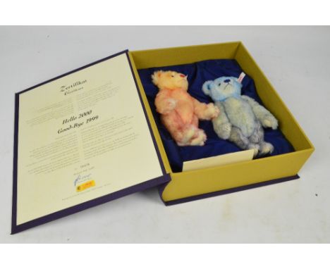 A boxed Steiff two bear set, "Hello 2000, Goodbye 1999", each with a numbered white and red tag to ear, 4676 in edition limit