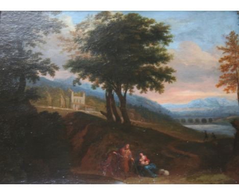 FOLLOWER OF FRANCISQUE MILLET (1642-1679) REST ON THE FLIGHT INTO EGYPT Oil on panel 25 x 30.5cm. ++ Retouching; carved wood 