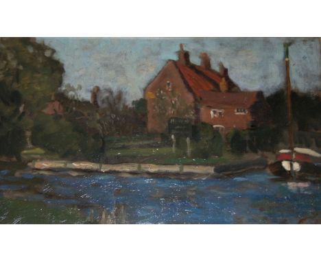 •BERTRAM PRIESTMAN, RA (1868-1951) ON THE BROADS Bears name on label verso, oil on panel 24 x 40cm. Provenance: The artist's 