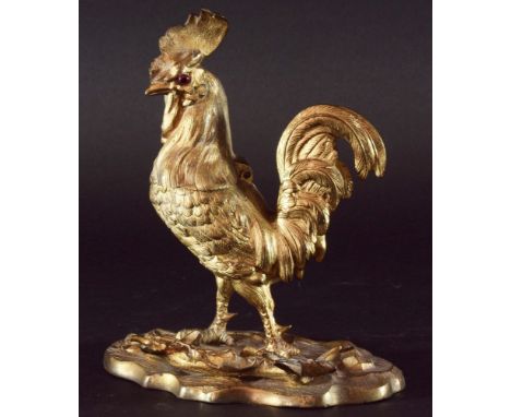 FRENCH GILT BRASS NOVELTY COCKEREL INKWELL, later 19th century, glass eyes, the head hinging to reveal the inkpot, height 19c