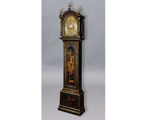 GEORGE III BLUE LACQUERED AND CHINOISERIE GILDED LONGCASE CLOCK, late 18th century, the brass dial with 11 1/2" silvered chap