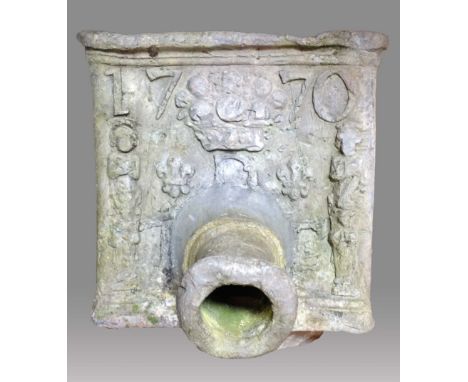 GEORGE III LEAD HOPPER
dated 1770, of rectangular form, decorated with caryatids, fleurs de ly and fruiting basket, with late