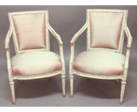 PAIR OF SWEDISH PAINTED OPEN ARM CHAIRS, 19th century, with rectangular padded back, gently curved arms, bow fronted stuffed 