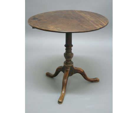 GEORGE III MAHOGANY TRIPOD TABLE, the circular top on a turned and wrythen column and tripod base, height 70cm, diameter 73cm