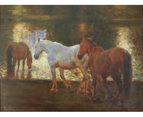 AFTER SIR ALFRED JAMES MUNNINGS, PRA, RWS (1878-1959) THE FORD AT DUSK Oil on ply panel, modern 29.5 x 39.5cm. * After Munnin